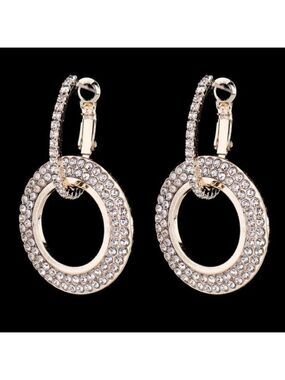 Rose Gold Bling Double Looped CZ Circle Hoops Dangling Earrings NWOT